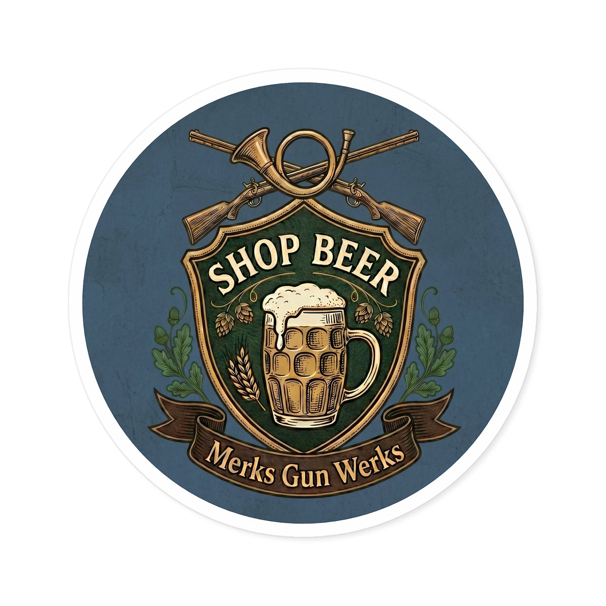 Round Sticker — 'Shop Beer' Brew & Guns Emblem (Indoor/Outdoor)