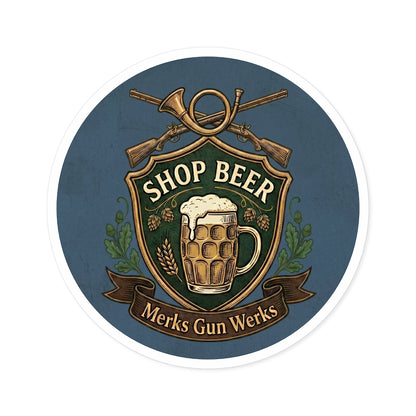 Round Sticker — 'Shop Beer' Brew & Guns Emblem (Indoor/Outdoor)