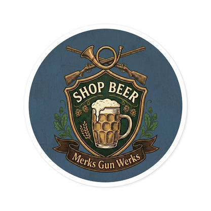 Round Sticker — 'Shop Beer' Brew & Guns Emblem (Indoor/Outdoor)