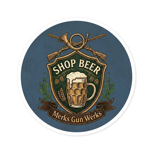 Round Sticker — 'Shop Beer' Brew & Guns Emblem (Indoor/Outdoor)