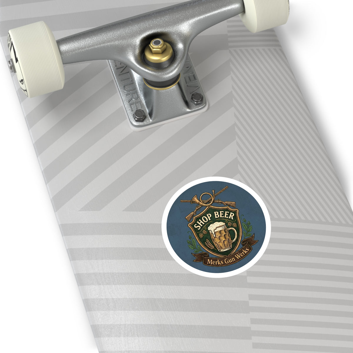 Round Sticker — 'Shop Beer' Brew & Guns Emblem (Indoor/Outdoor)