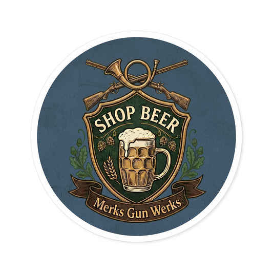 Round Sticker — 'Shop Beer' Brew & Guns Emblem (Indoor/Outdoor)