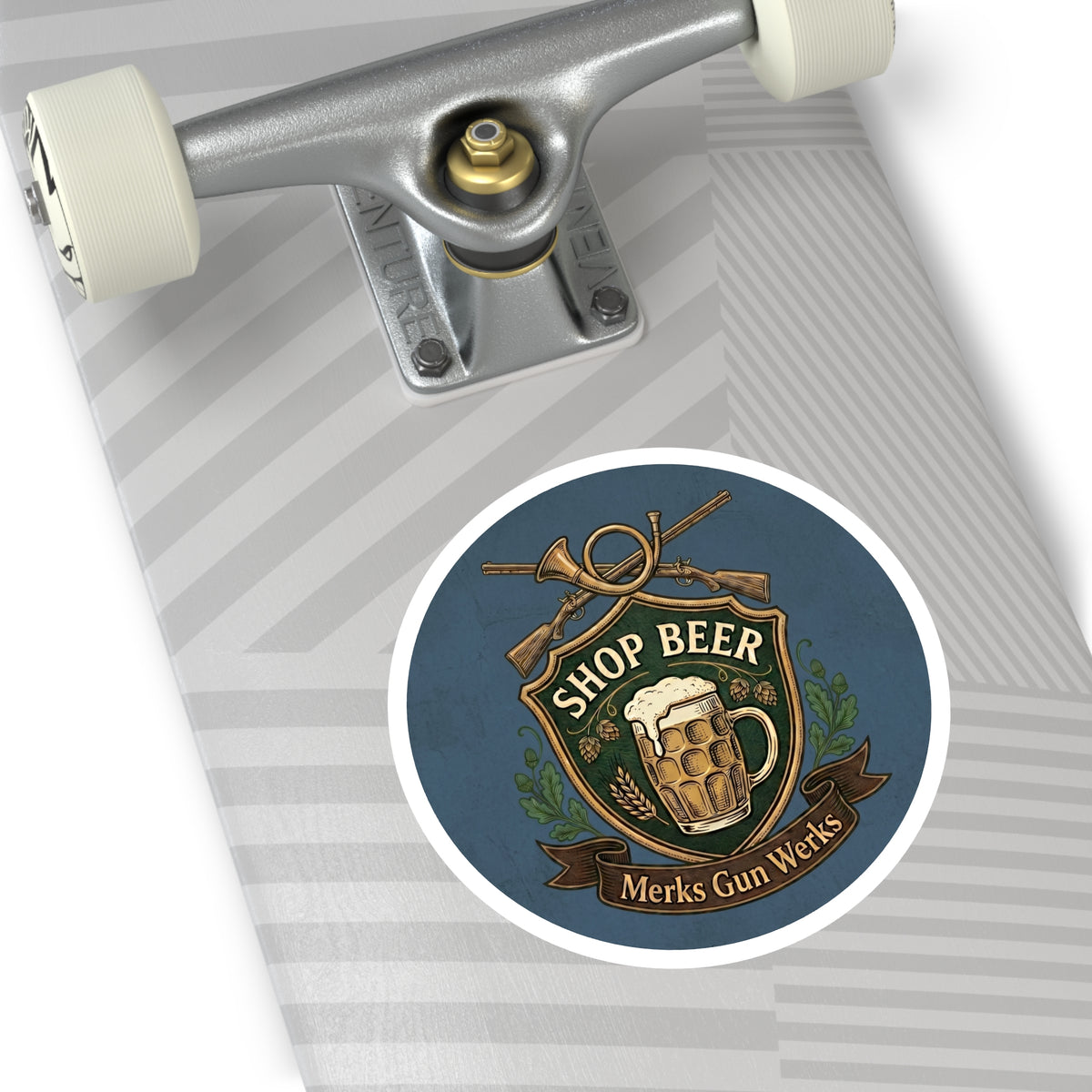 Round Sticker — 'Shop Beer' Brew & Guns Emblem (Indoor/Outdoor)