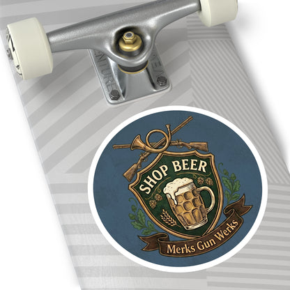 Round Sticker — 'Shop Beer' Brew & Guns Emblem (Indoor/Outdoor)