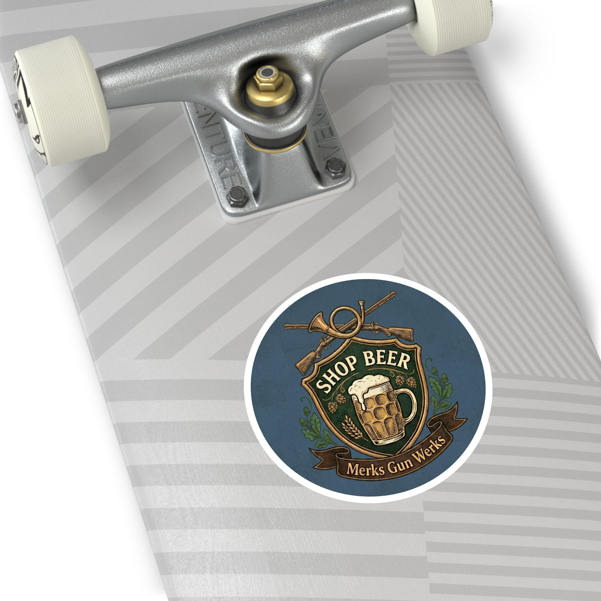Round Sticker — 'Shop Beer' Brew & Guns Emblem (Indoor/Outdoor)