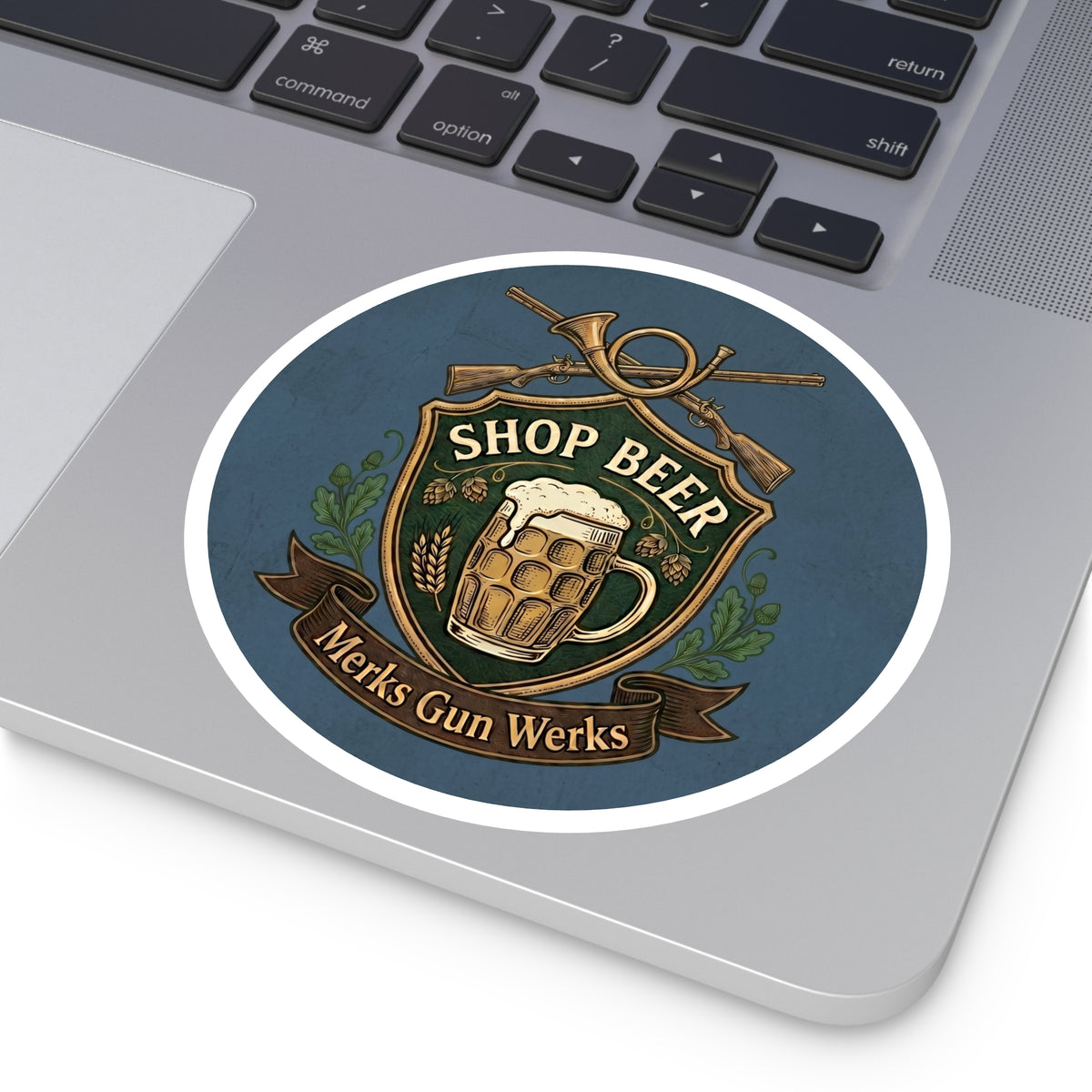 Round Sticker — 'Shop Beer' Brew & Guns Emblem (Indoor/Outdoor)