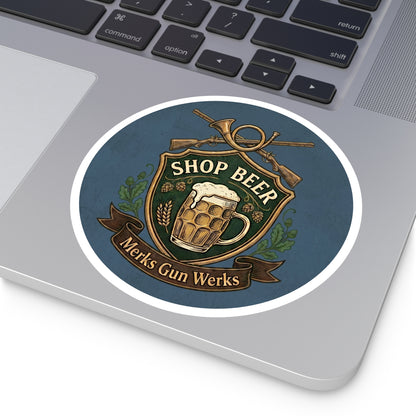 Round Sticker — 'Shop Beer' Brew & Guns Emblem (Indoor/Outdoor)