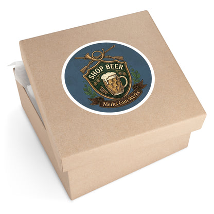 Round Sticker — 'Shop Beer' Brew & Guns Emblem (Indoor/Outdoor)