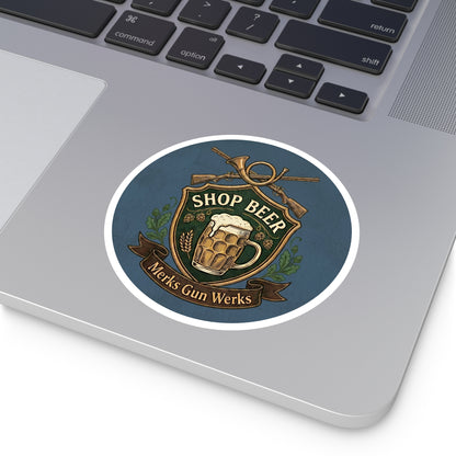 Round Sticker — 'Shop Beer' Brew & Guns Emblem (Indoor/Outdoor)