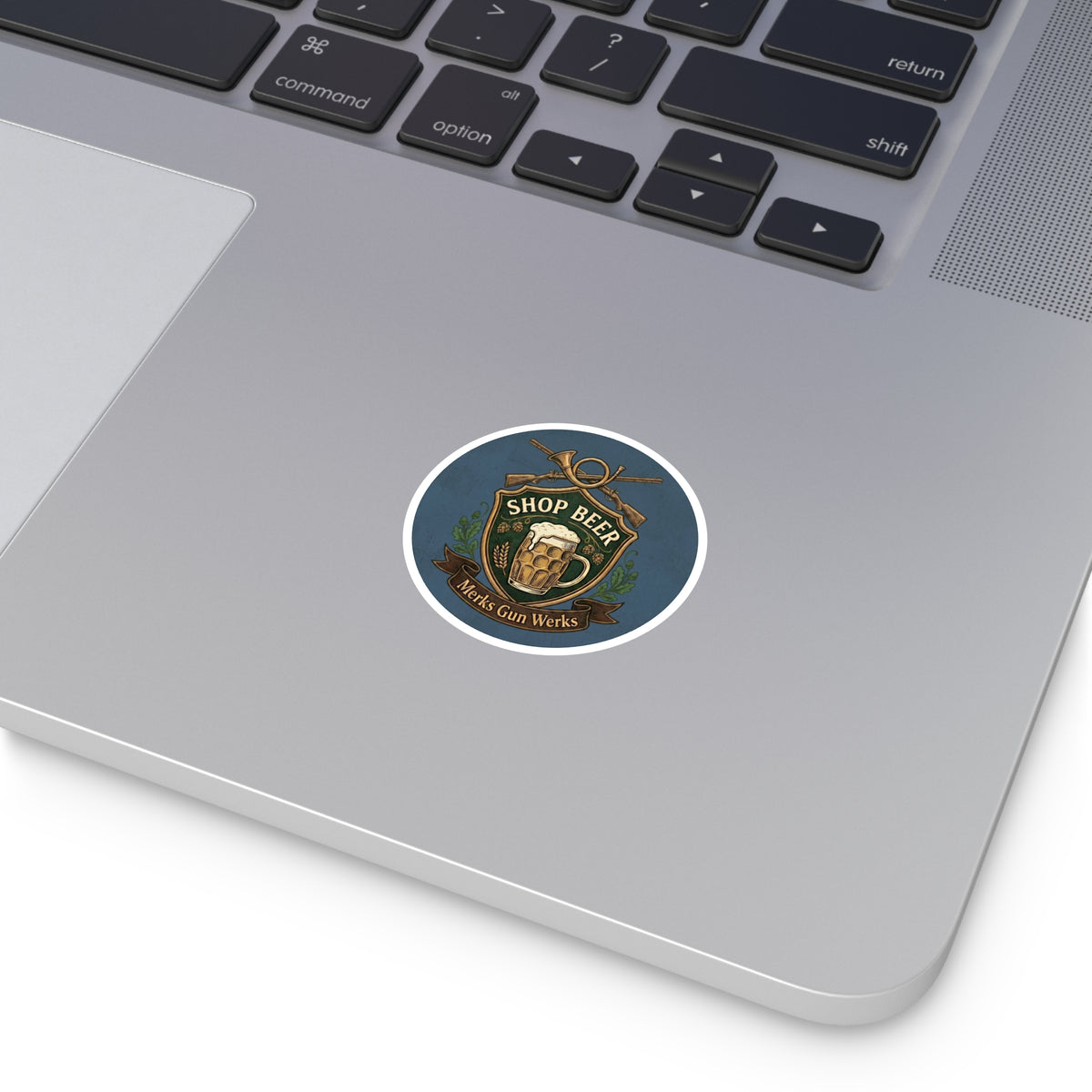 Round Sticker — 'Shop Beer' Brew & Guns Emblem (Indoor/Outdoor)