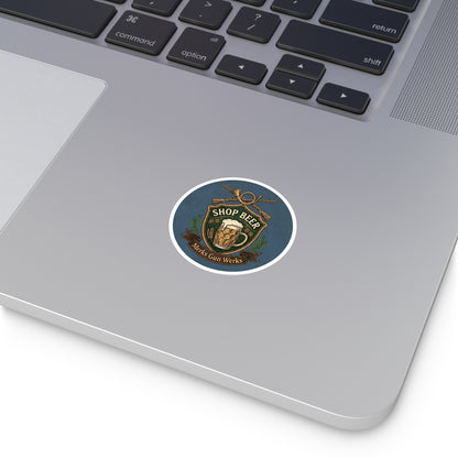 Round Sticker — 'Shop Beer' Brew & Guns Emblem (Indoor/Outdoor)