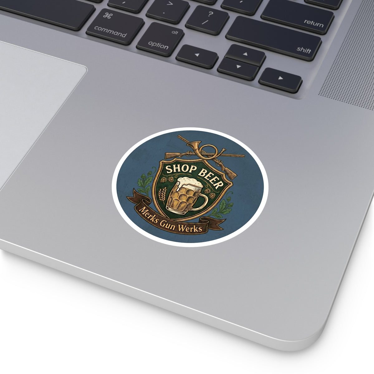Round Sticker — 'Shop Beer' Brew & Guns Emblem (Indoor/Outdoor)